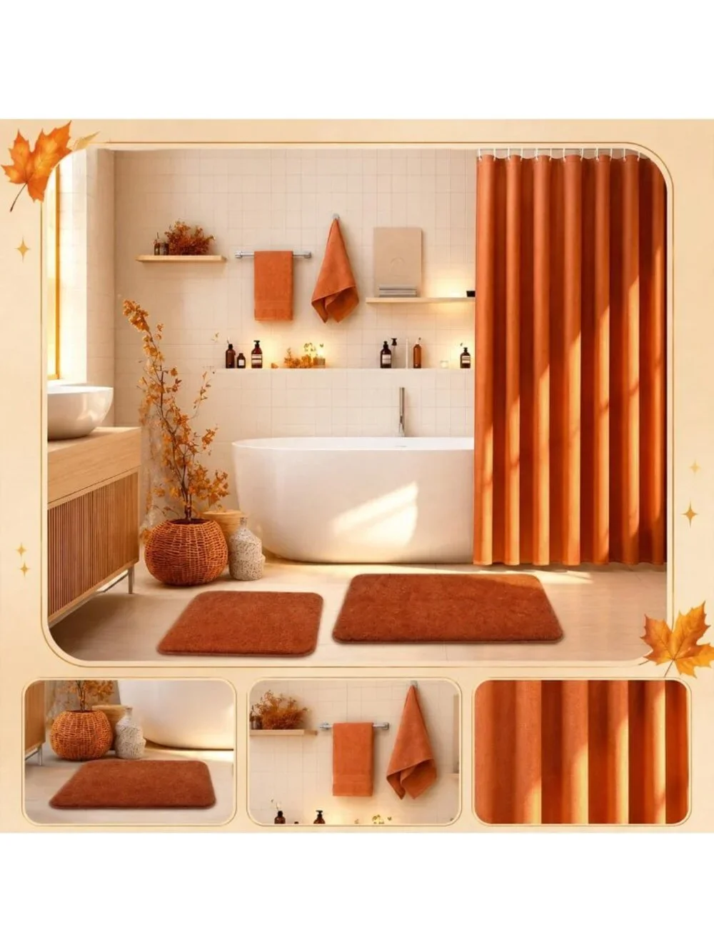 Autumn Bathroom Decor Set - 5 Pcs Fall Shower Curtain, Rugs, Towels & Hooks
